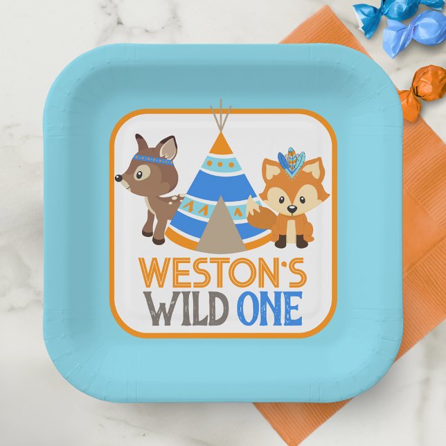 Assiettes En Carton Blue Wild One Boy Premier Anniversaire Plaques en  (Wild One Baby Blue 1st Birthday Paper Plates Featuring Fox, Deer and Teepee Tent)