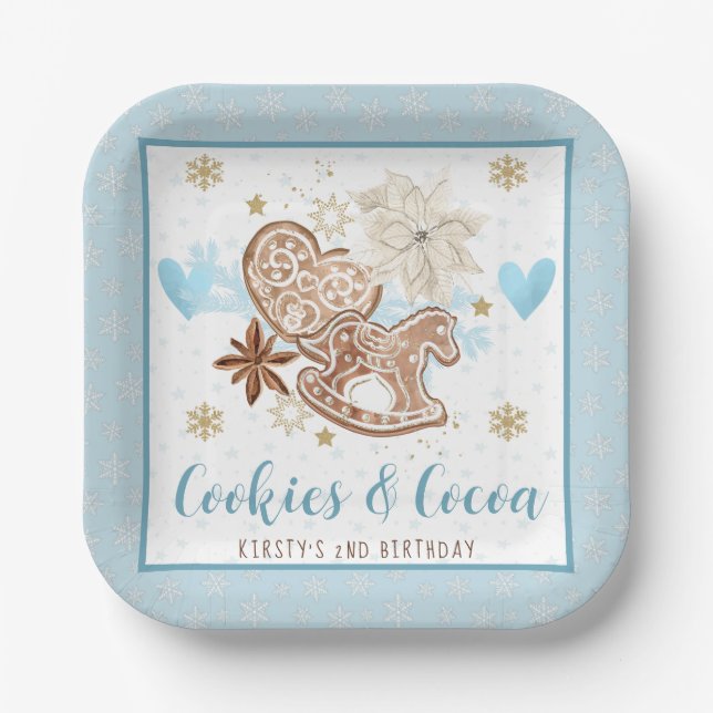 Assiettes En Carton Blue Winter Cookies & Cocoa Birthday party (Recto)