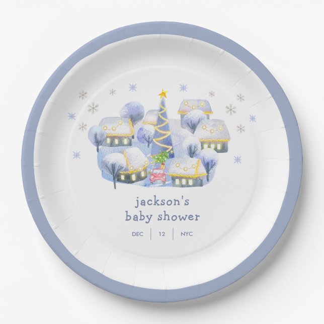 Assiettes En Carton Blue Winter Snow It Take A Village Baby Shower  (Devant)