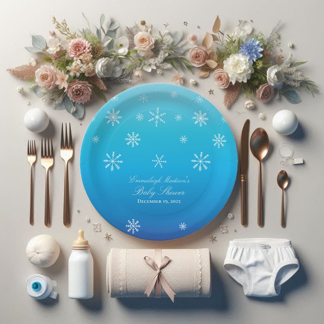 Assiettes En Carton Blue Winter Wonderland Snowflake Baby shower (Créateur téléchargé)