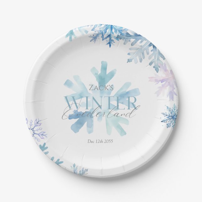 Assiettes En Carton Blue Winter Wonderland Snowflake First Birthday  (Devant)