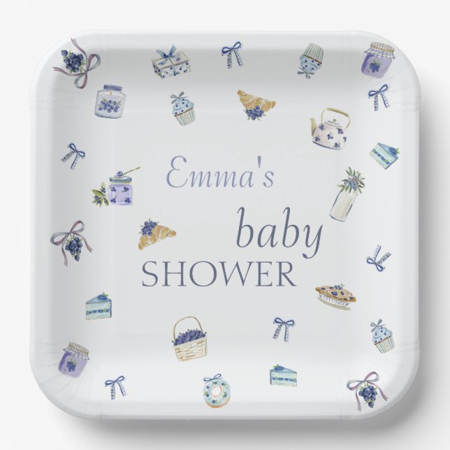 Assiettes En Carton Blueberry Dessert Baby Shower Watercolor  (Recto)
