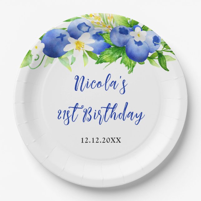 Assiettes En Carton Blueberry Floral Birthday (Devant)