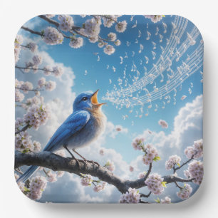 Assiettes En Carton Bluebird chante sur une branche de cerisier