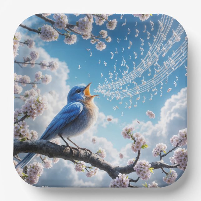 Assiettes En Carton Bluebird chante sur une branche de cerisier (Recto)