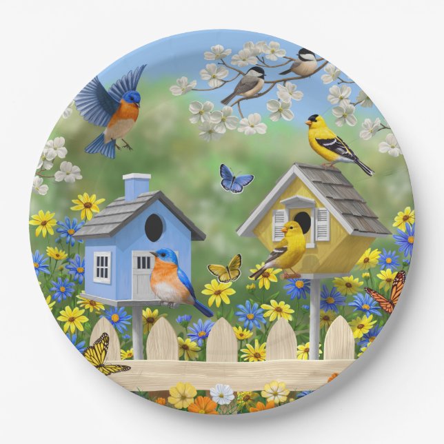 Assiettes En Carton Bluebirds Goldfinches Birdhouses Jardin aux fleurs (Devant)