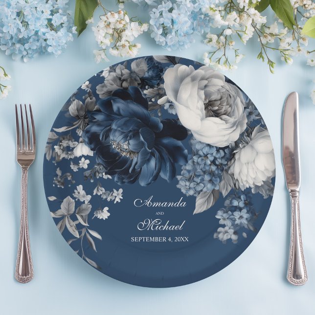 Assiettes En Carton Blues modernes et Mariage floral gris (Modern Blues & Gray Floral Wedding Paper Plates)