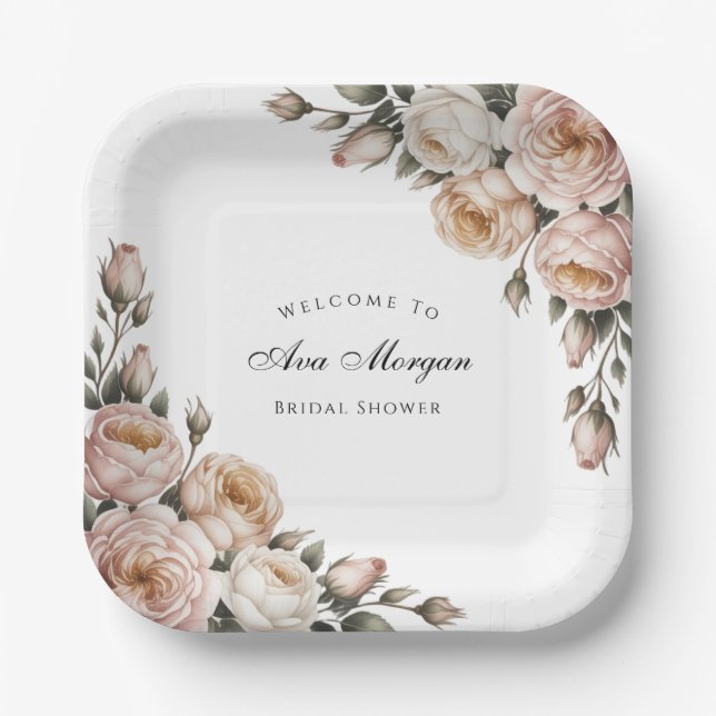 Assiettes En Carton Blush and Ivory Rose Floral Bridal Shower (Recto)
