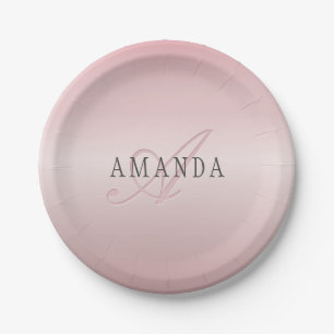 Assiettes En Carton Blush Élégant Faux Or Rose   Nom et Monogramme