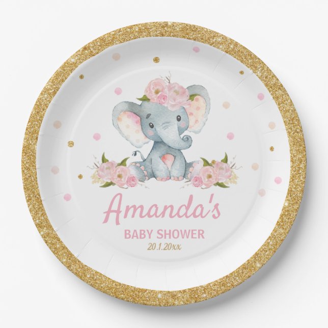Assiettes En Carton Blush Floral Elephant Baby shower fille (Devant)