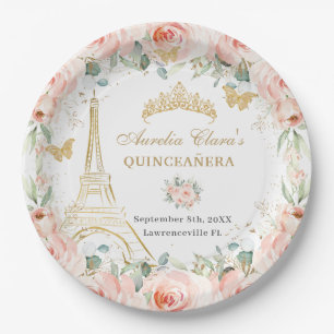 Assiettes En Carton Blush Floral Paris Eiffel Champagne Quinceañera