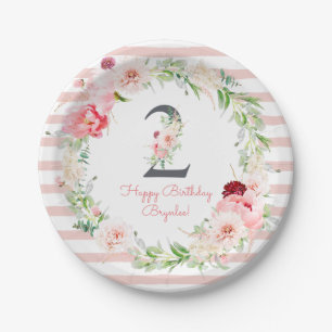 Assiettes En Carton Blush Floral Pink Stripe 2e fête d'anniversaire