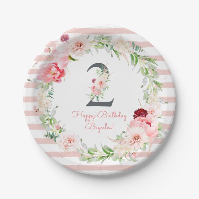 Assiettes En Carton Blush Floral Pink Stripe 2e fête d'anniversaire (Devant)