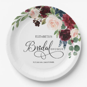 Assiettes En Carton Blush Navy Burguny Marsala Fête des mariées floral