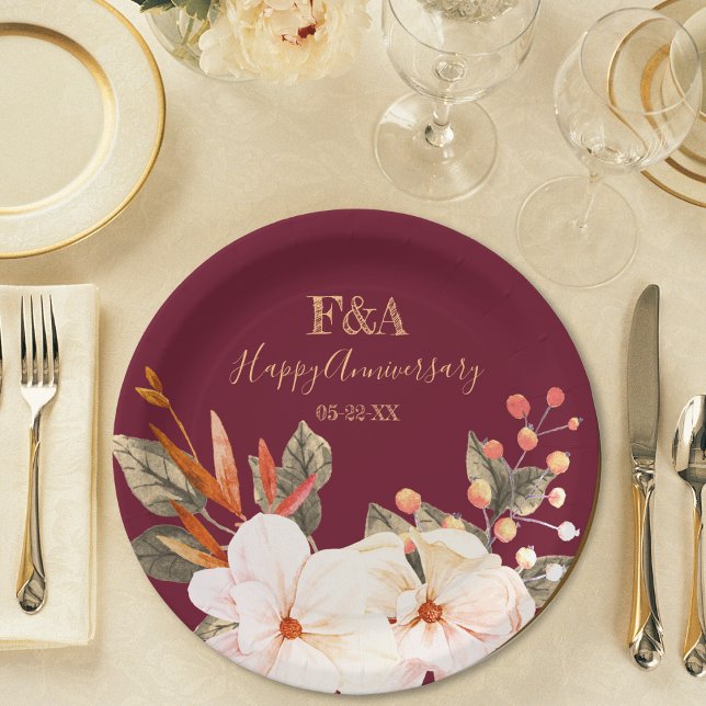 Assiettes En Carton Blush Orange Floral Elegant Anniversary Monogram (Créateur téléchargé)
