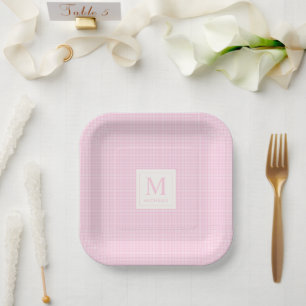 Assiettes En Carton Blush Pastel Douce Bébé Rose et Blanc à Carreaux