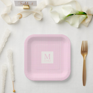 Assiettes En Carton Blush Pastel Douce Bébé Rose et Blanc à Carreaux