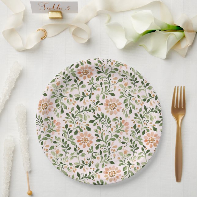 Assiettes En Carton Blush Peach Flowers Green Leaves Bridal Shower (Mariage)