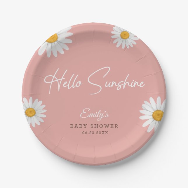 Assiettes En Carton Blush Pink Daisy Hello Sunshine Baby Shower (Devant)