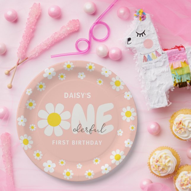 Assiettes En Carton Blush Pink Daisy OneDerful 1er anniversaire (Fête)