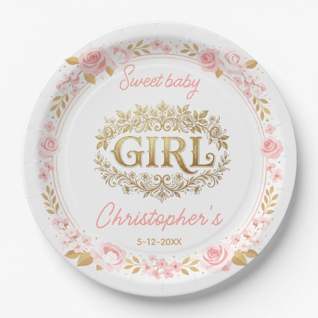 Assiettes En Carton Blush Pink & Gold Floral Girl Baby Shower (Devant)