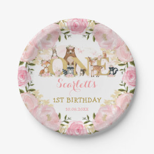 Assiettes En Carton Blush Pink Gold Floral Woodland 1ère fête d'annive