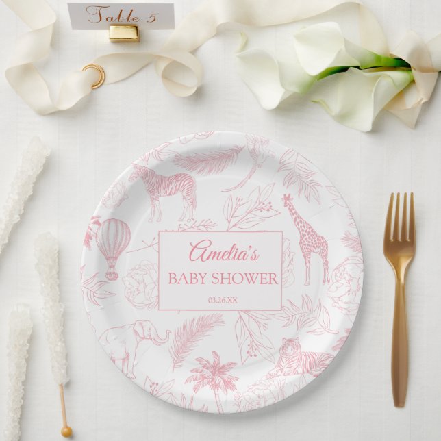 Assiettes En Carton Blush Pink Jungle Safari Animals Baby Shower (Mariage)