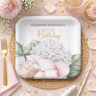 Assiettes En Carton Blush Pink Peony Floral 18th Birthday 