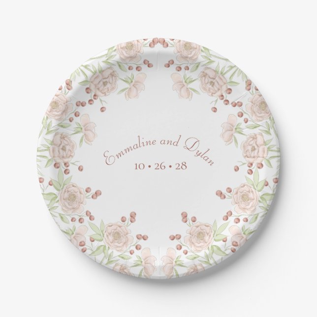 Assiettes En Carton Blush Pink Roses Wedding (Devant)