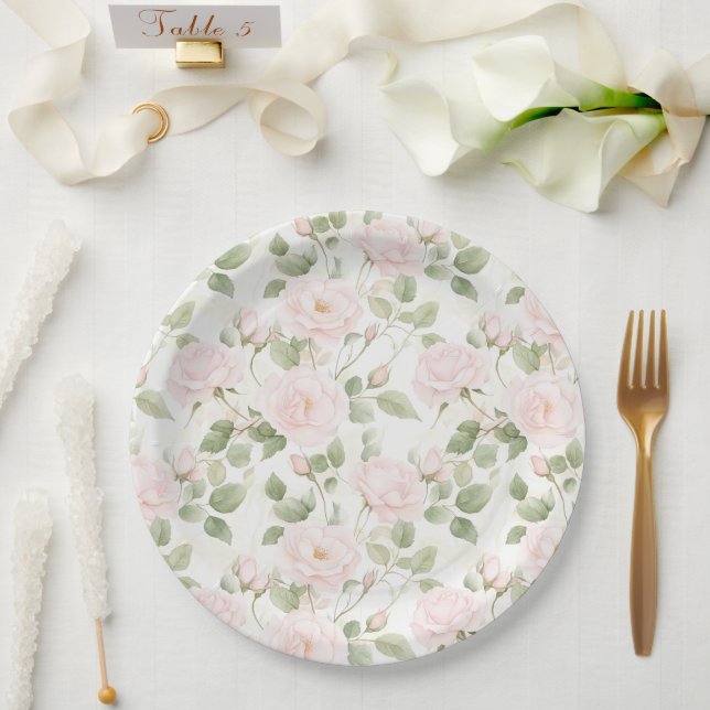Assiettes En Carton Blush Pink White Flowers Wedding (Mariage)