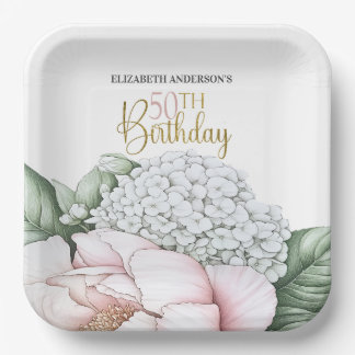 Assiettes En Carton Blush Rose Fleur de Pivoine 50e Anniversaire 
