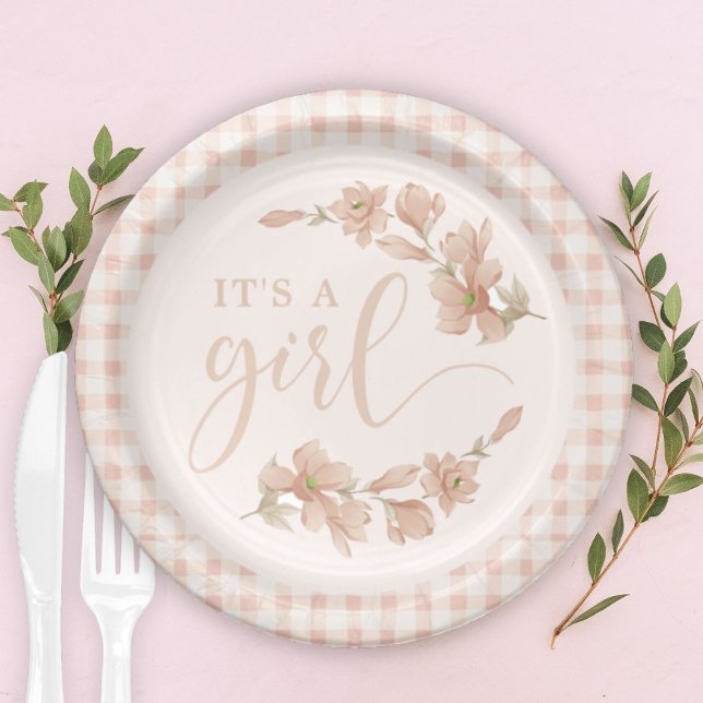 Assiettes En Carton Blush rose Floral En vichy Baby shower bébé fille (Créateur téléchargé)
