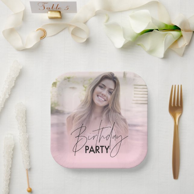 Assiettes En Carton Blush rose Gradient Photo personnalisée Anniversai (Mariage)
