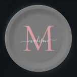 Assiettes En Carton Blush Rose Monogramme Féminin Tendance Écriture No<br><div class="desc">Assiette En Papier Nom Monogramme Moderne Simple Tendance Gris Rose Féminin</div>