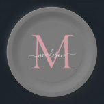 Assiettes En Carton Blush Rose Monogramme Féminin Tendance Écriture No<br><div class="desc">Assiette En Papier Nom Monogramme Moderne Simple Tendance Gris Rose Féminin</div>