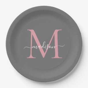 Assiettes En Carton Blush Rose Monogramme Féminine Tendance Nom Script