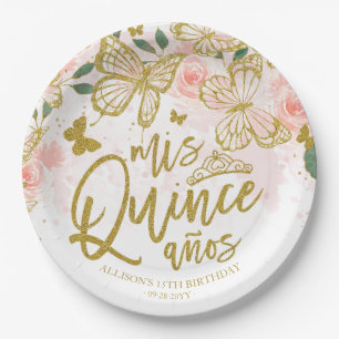 Assiettes En Carton Blush rose papillon Floral Quinceanera Party