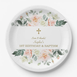 Assiettes En Carton Blush White Flowers Gold Girl 1er Anniversaire Bap