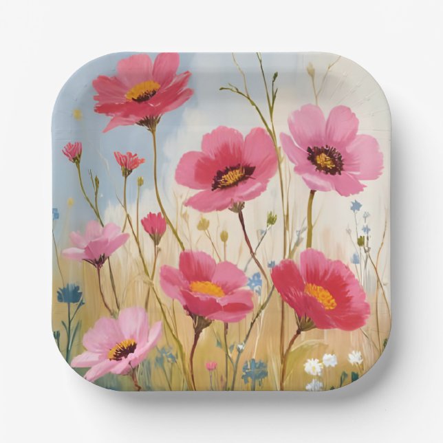 Assiettes En Carton Blushing Blooms | Pink Flower Meadow Floral (Recto)