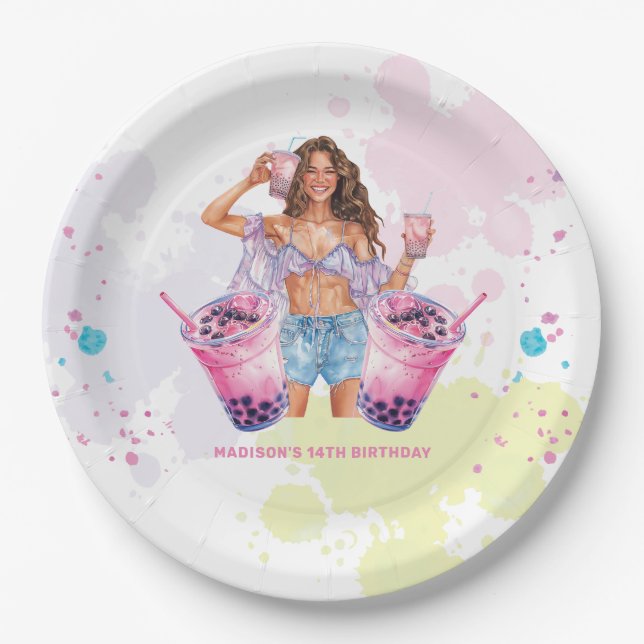 Assiettes En Carton Boba Bubble Tea Anniversaire Personnalisé (Devant)