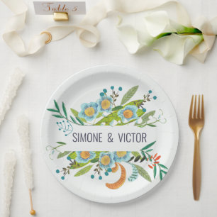 Assiettes En Carton Bohème Botanique Vert & bleu Floral
