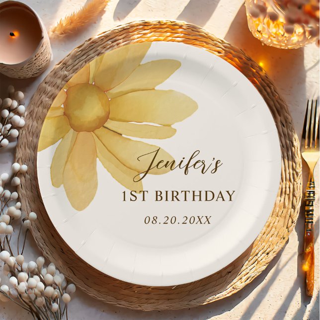 Assiettes En Carton Bohème Jaune Fête d'Anniversaire Florale (Créateur téléchargé)