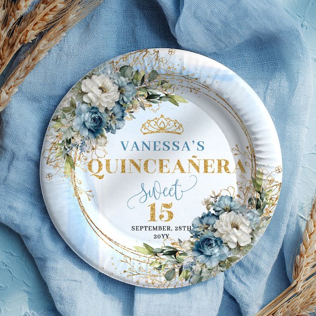 Assiettes En Carton Bohemian Dusty Blue Floral Gold Quince Plates (Bohemian Dusty Blue Floral Gold Quince Plates)