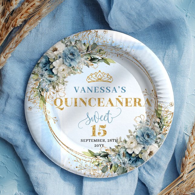Assiettes En Carton Bohemian Light Blue Floral Greenery Gold Glitter  (Bohemian Light Blue Floral Greenery Gold Glitter Plates)
