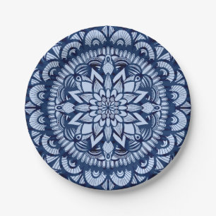 Assiettes En Carton Bohemian Navy Blue Tie Dye Mandala