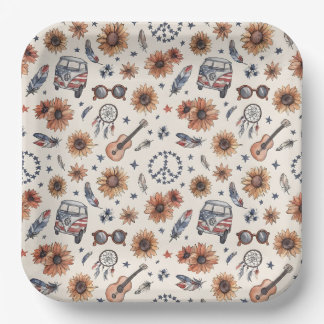 Assiettes En Carton Boho Americana Festival Sunflowers VW Bus 4th of J