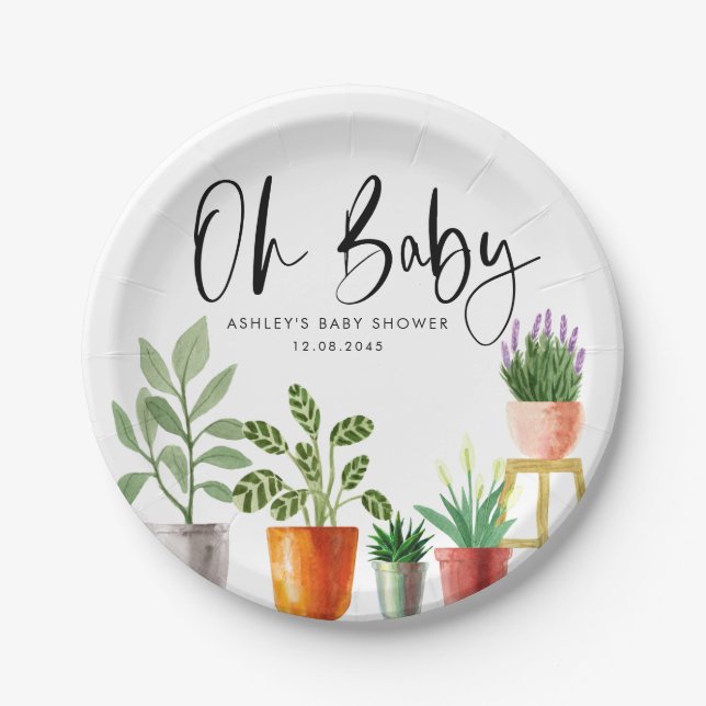 Assiettes En Carton Boho Aquarelle Poted Houplant Baby shower (Devant)