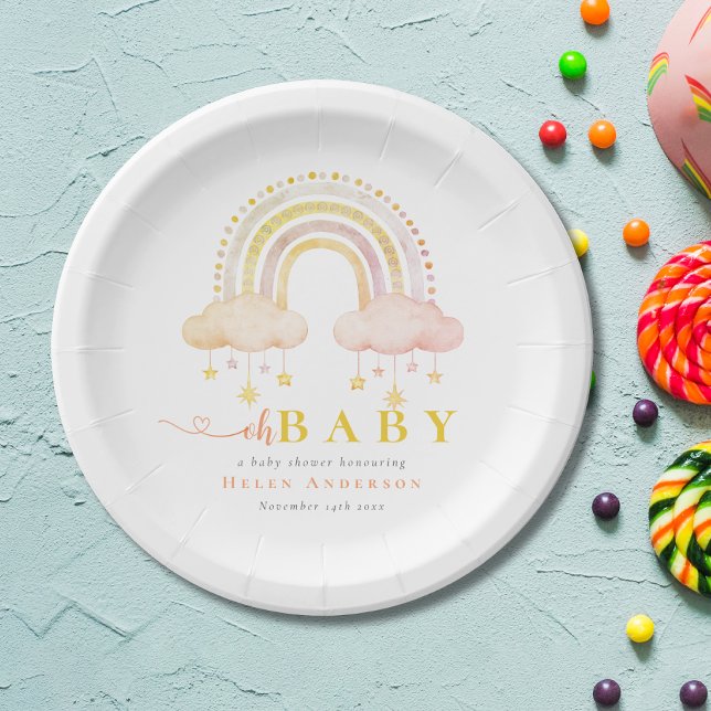 Assiettes En Carton Boho Aquarelle rose arc-en-ciel Baby shower fille (Boho Watercolor Pink Rainbow Girl Baby Shower Paper Plates)