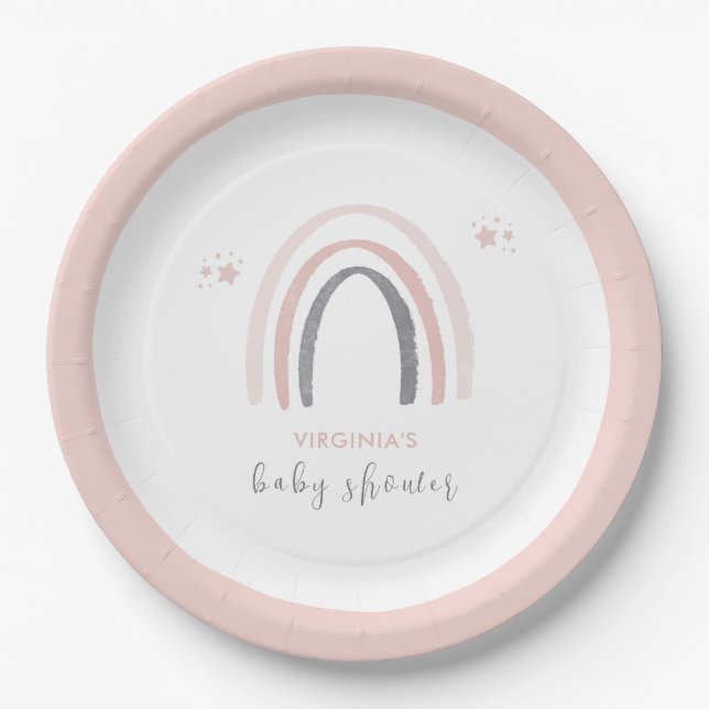 Assiettes En Carton Boho Aquarelle rose Baby shower arc-en-ciel (Devant)