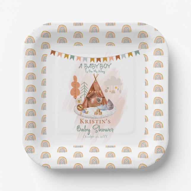 Assiettes En Carton Boho Baby Boy Teepee et Baby shower de jouets (Recto)